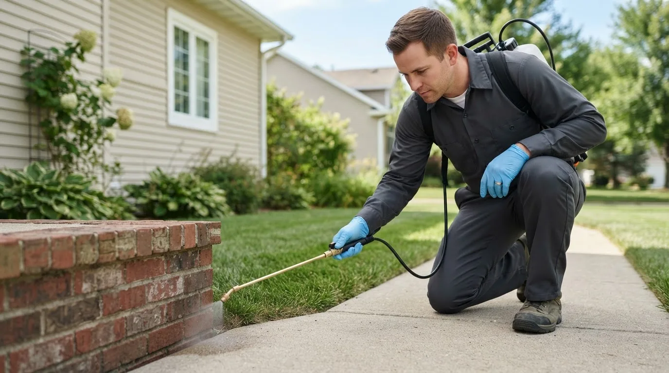 Pest control technician treating a home near Bumpass, VA